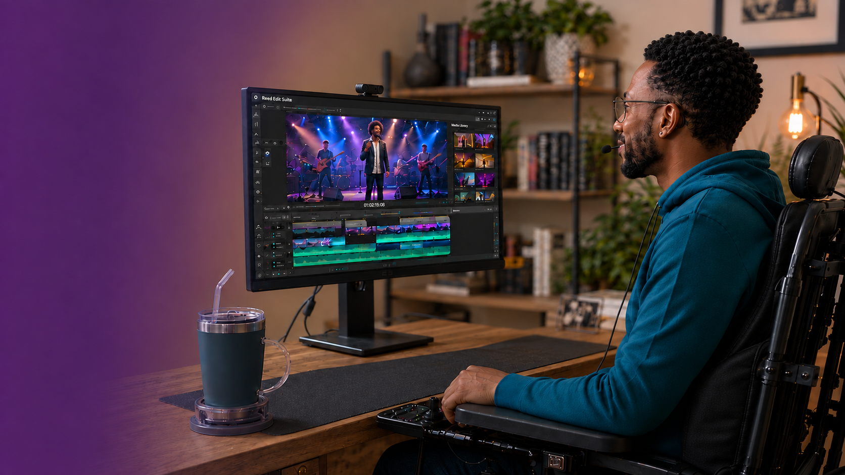 A man editing videos on a wide monitor from his power wheelchair, using a headset microphone for Voice Control.
