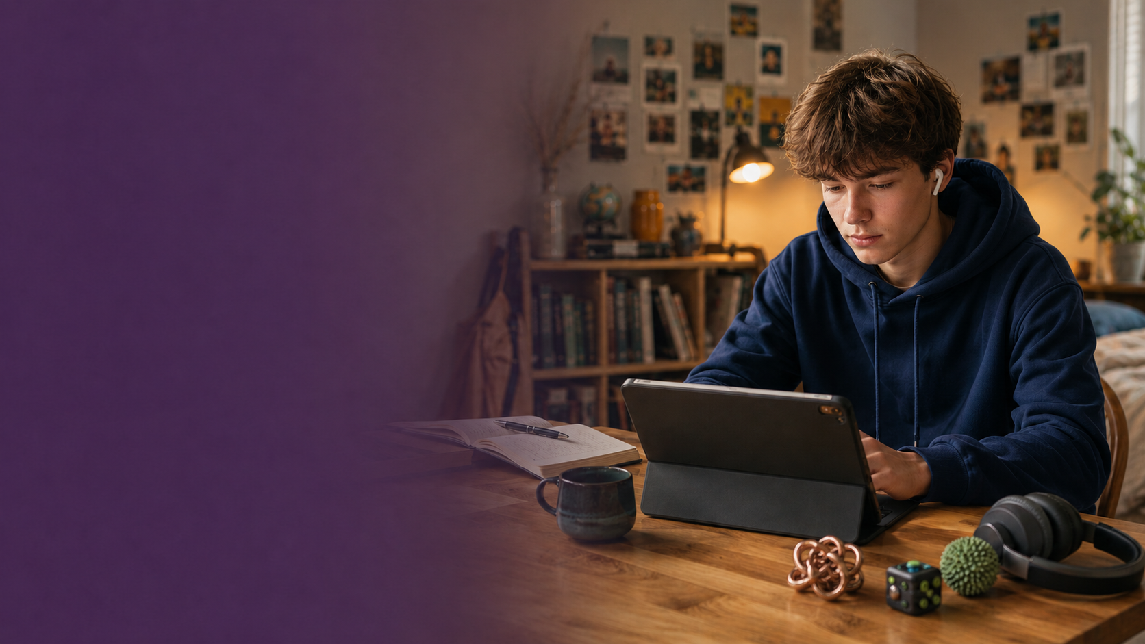 A university student working on a tablet in his dorm, earbuds in, fidget tools on the desk beside him.